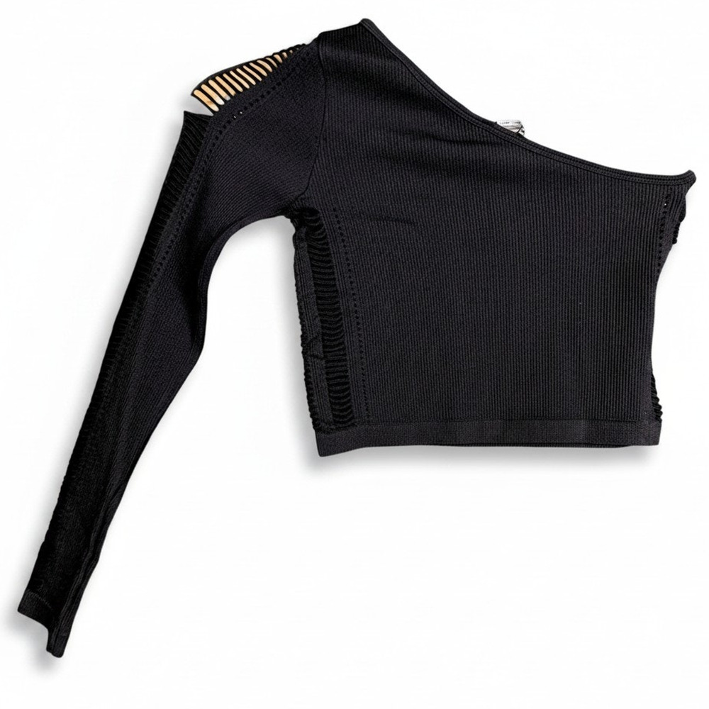 Zara Black Ribbed Knit One Shoulder Long Sleeve Asymmetrical Top Women's M/L